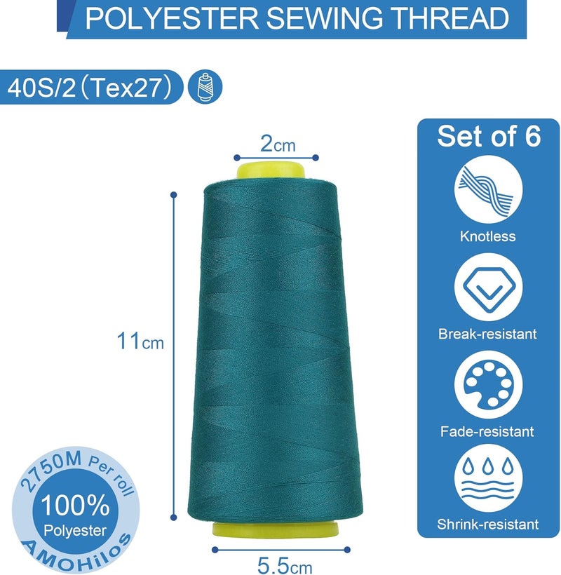 AMOHilos Polyester Sewing Thread All Purpose Knotless 40S/2 (Tex27) 6 Cones of 2750 Yards Each Spool Thread Total 16500 Yards for Serger Sewing Machine Quilting Piecing Hand Stitching (dark turquoise) - Image 3